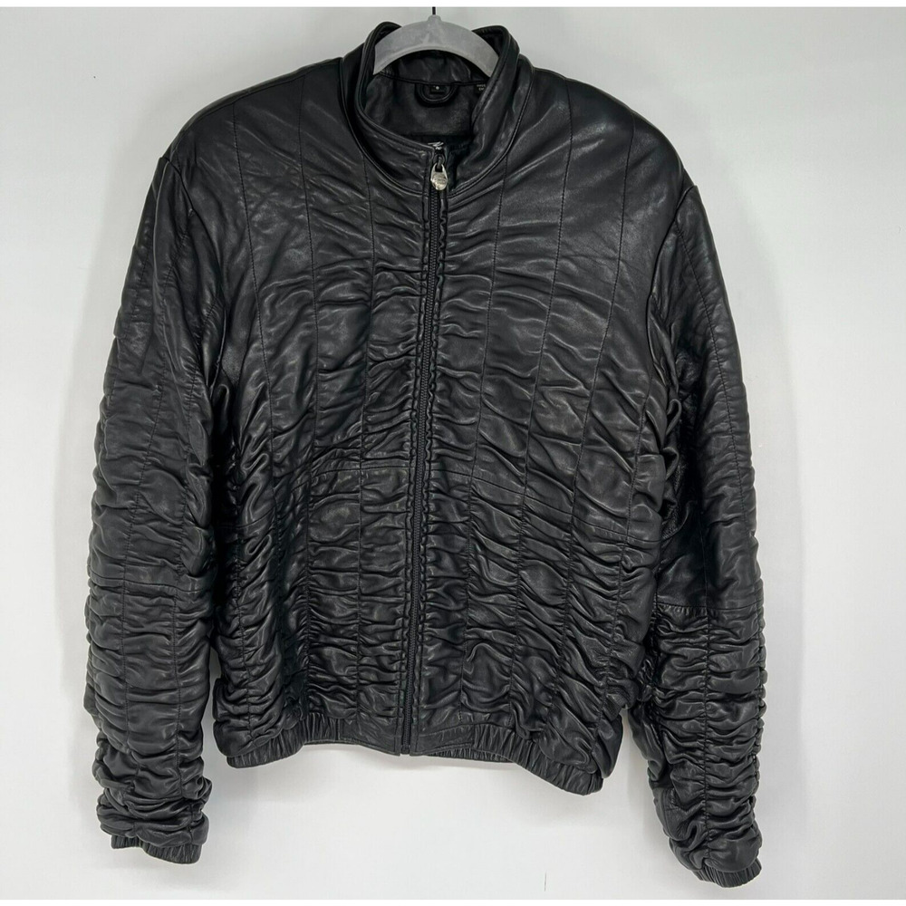 Marc Buchanan Leather Jacket Womens 8 Black Ruched Full Zip Motorcycle VTG